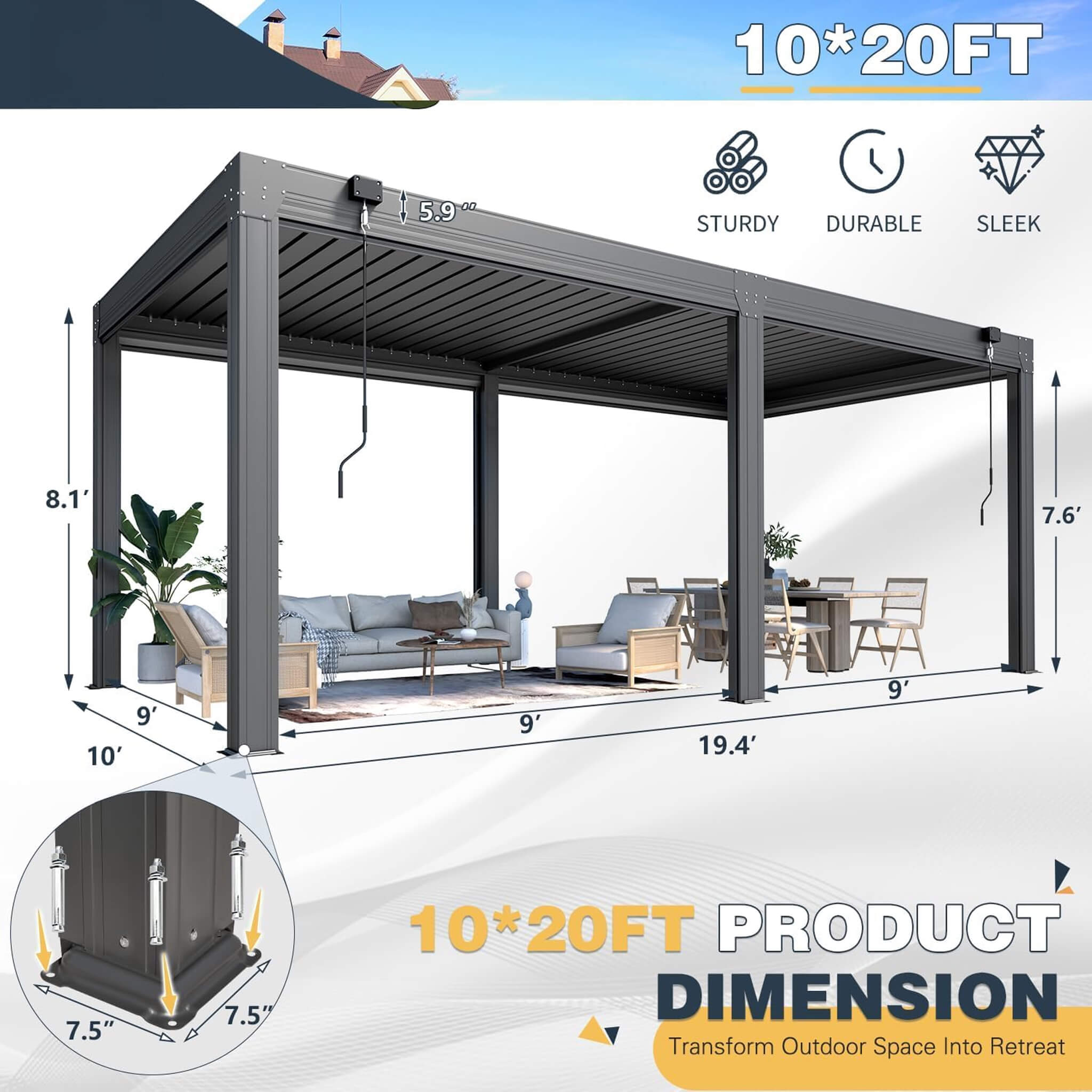 Alora Louvered Aluminum Pergola with Adjustable Roof and Pull-Down Screens