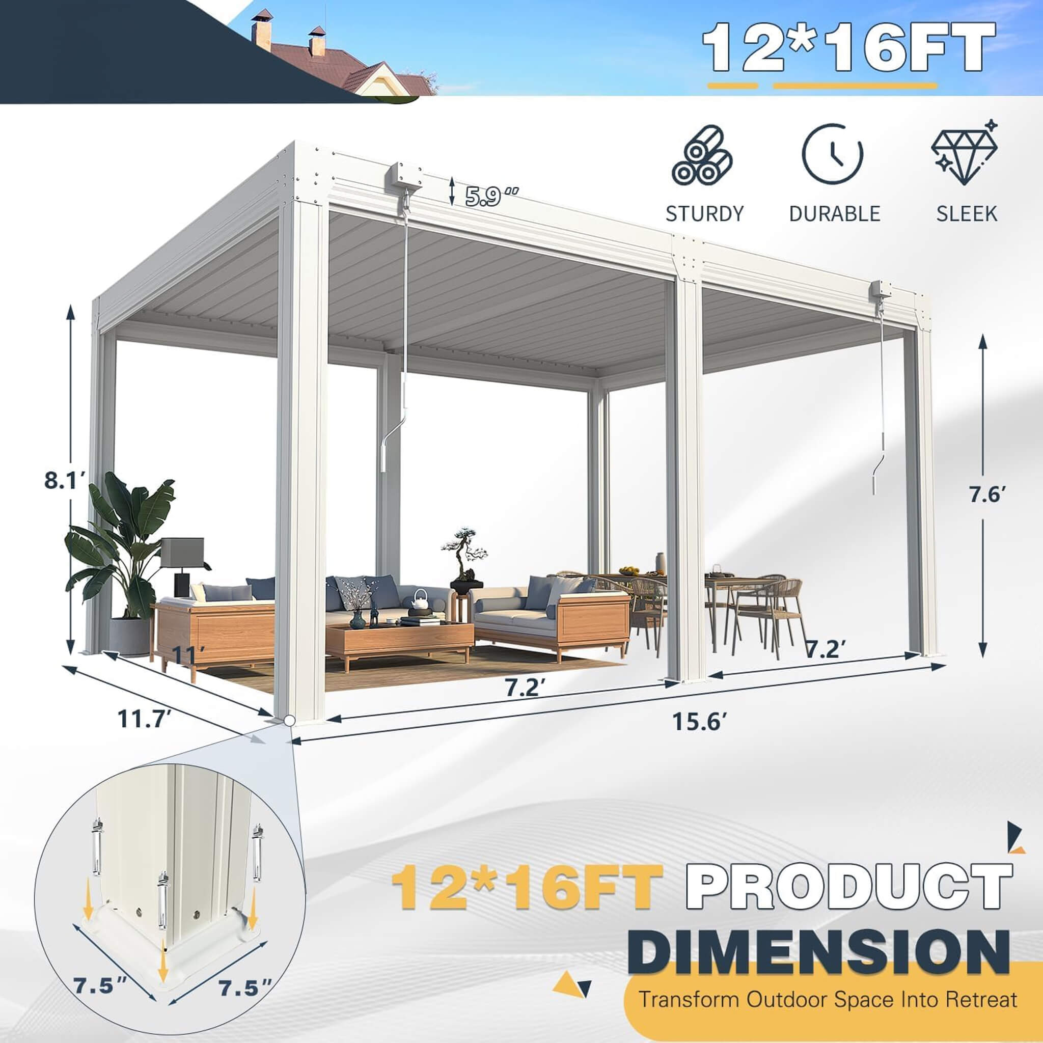Alora Louvered Aluminum Pergola with Adjustable Roof and Pull-Down Screens