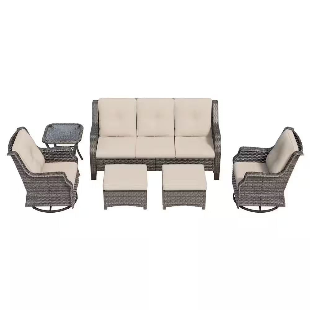 6-Pieces Wicker  Furniture Set Rattan Chair Wicker Set with Beige Cushion