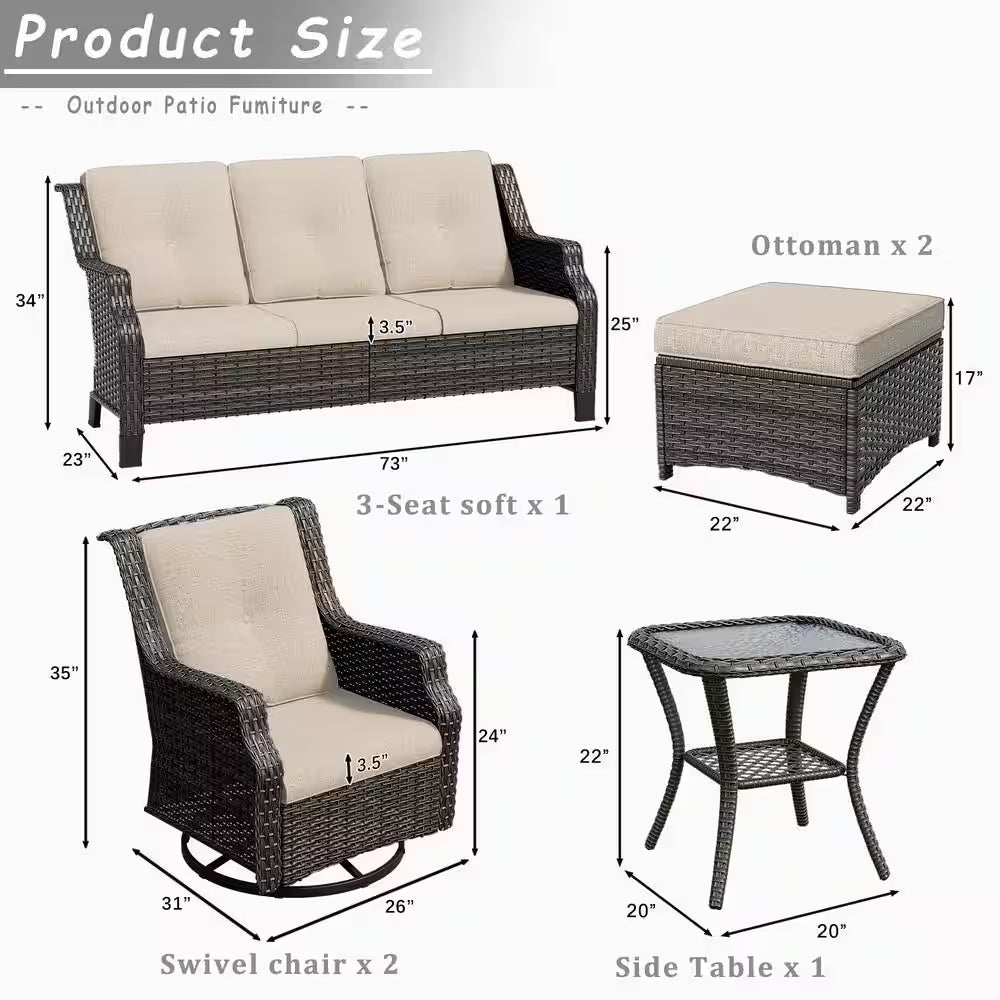 6-Pieces Wicker  Furniture Set Rattan Chair Wicker Set with Beige Cushion