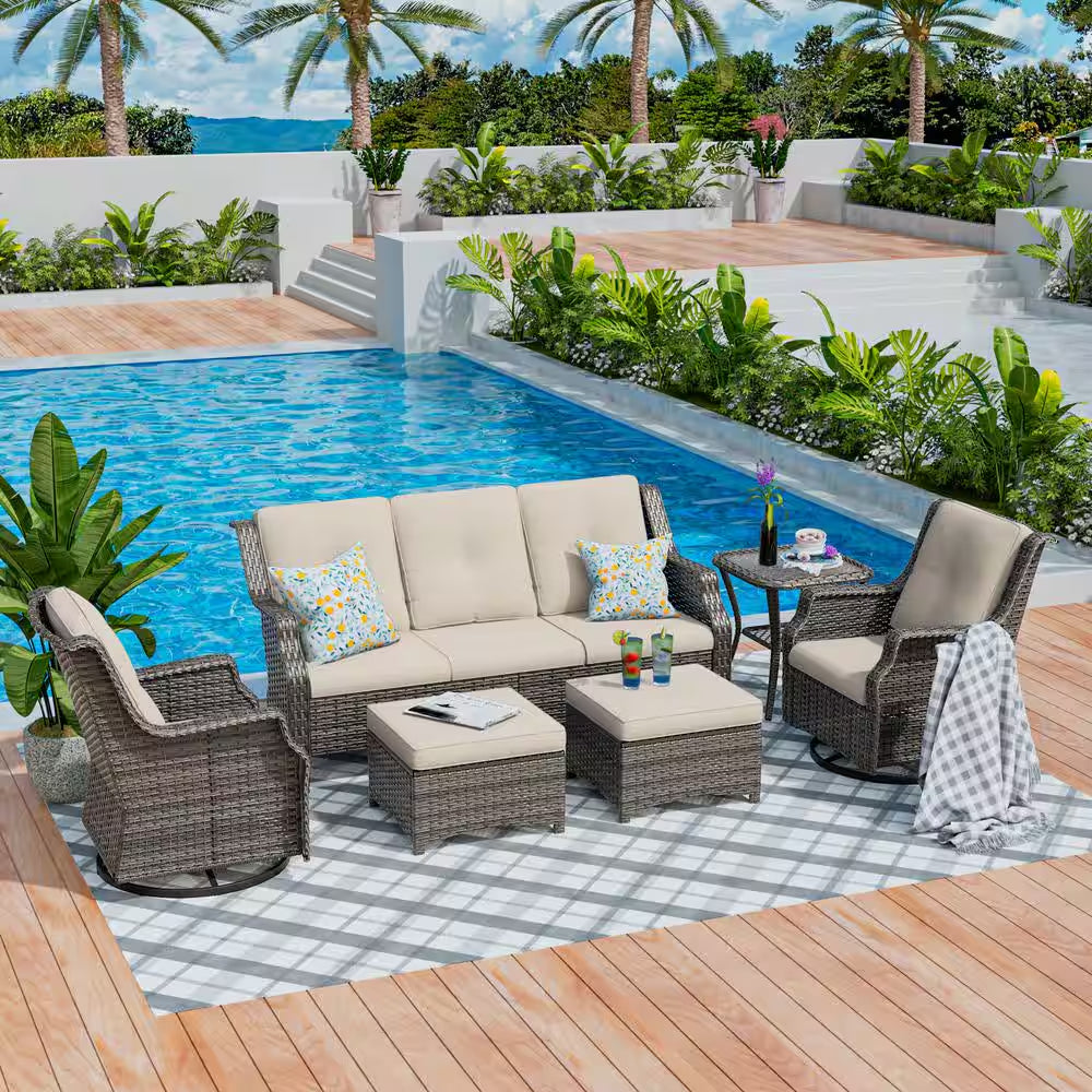 6-Pieces Wicker  Furniture Set Rattan Chair Wicker Set with Beige Cushion