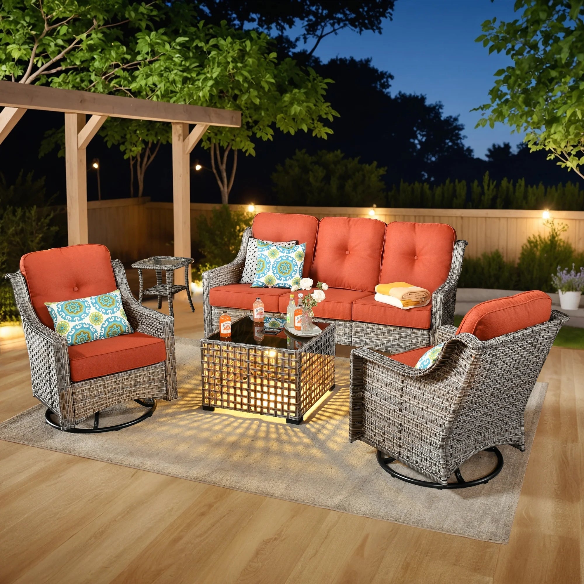 5-Piece Rattan Furniture Sets Set with Swivel Rocking Chairs