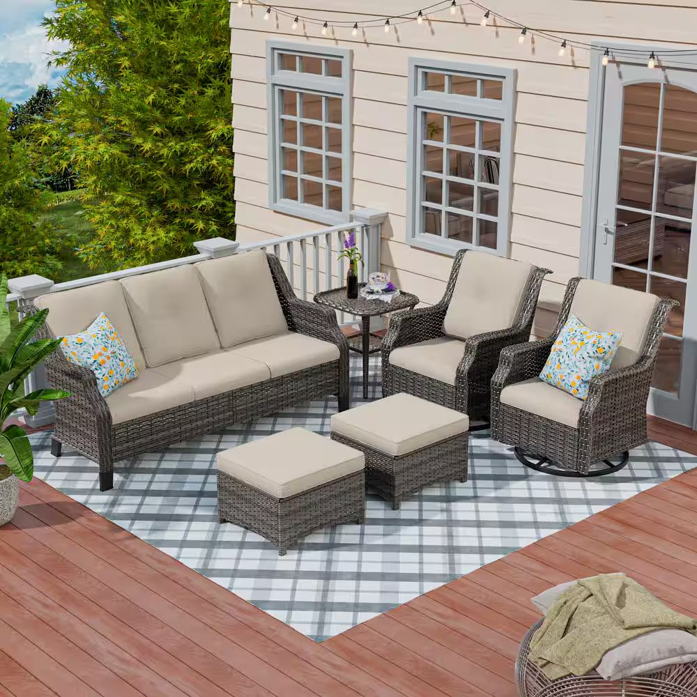 6-Pieces Wicker  Furniture Set Rattan Chair Wicker Set with Beige Cushion