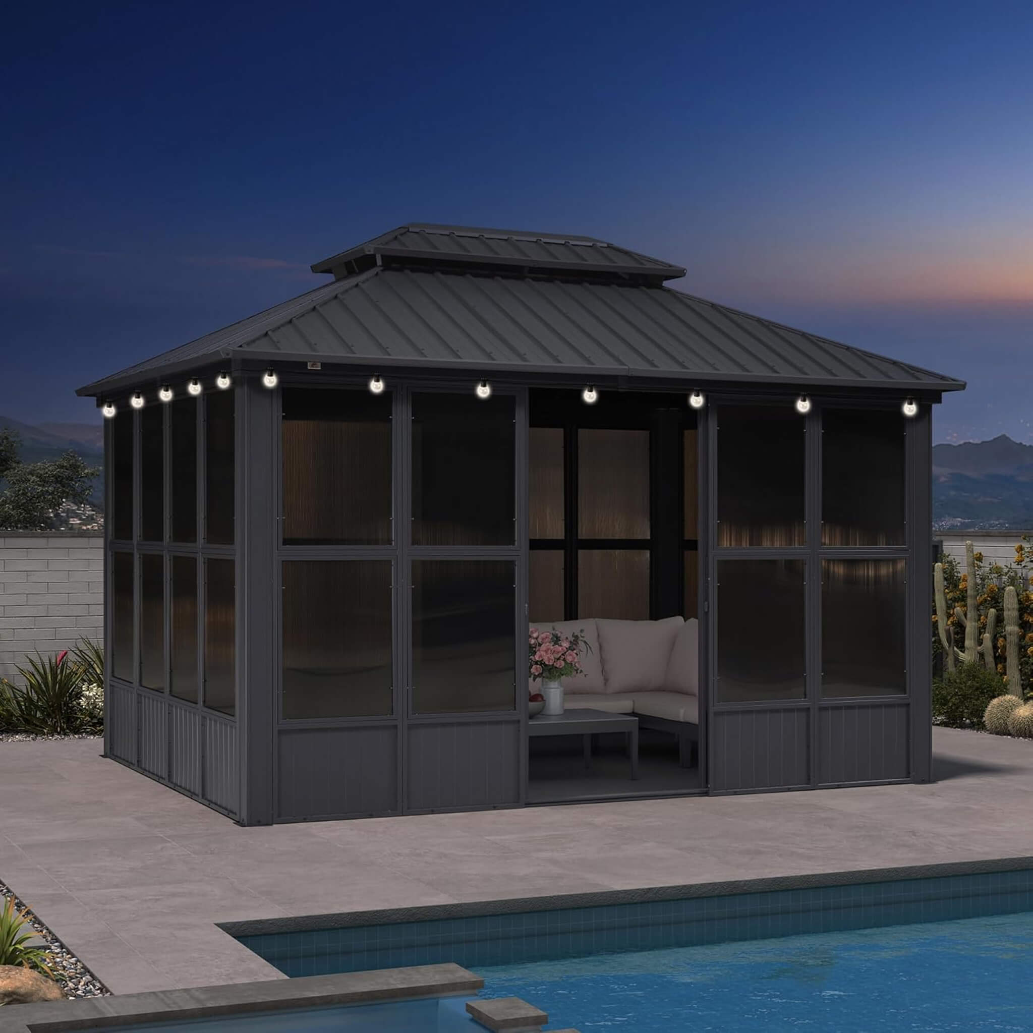 Alora Vista Outdoor Hardtop Aluminum Solarium with Double Roof and LED Lights