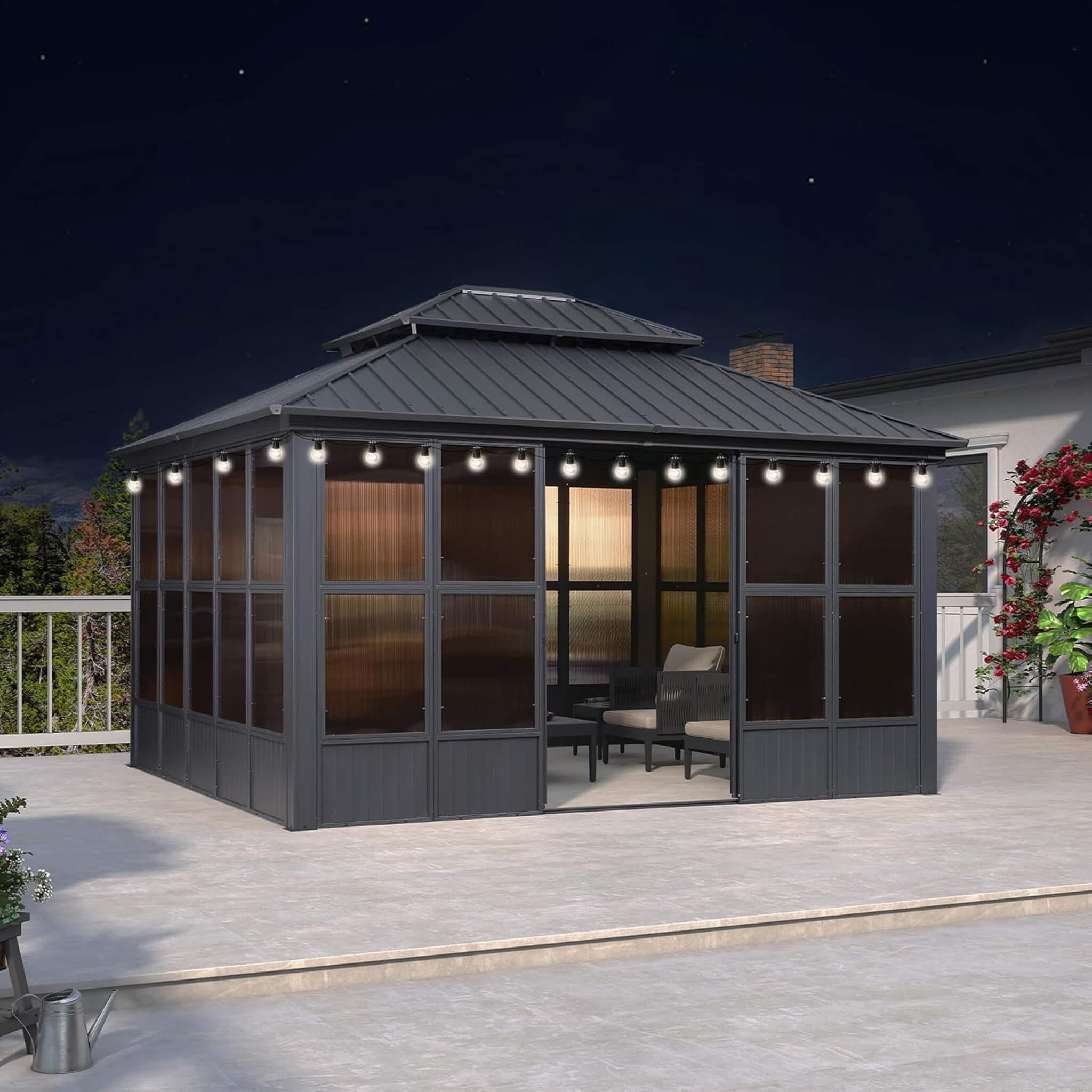 Alora Vista Outdoor Hardtop Aluminum Solarium with Double Roof and LED Lights