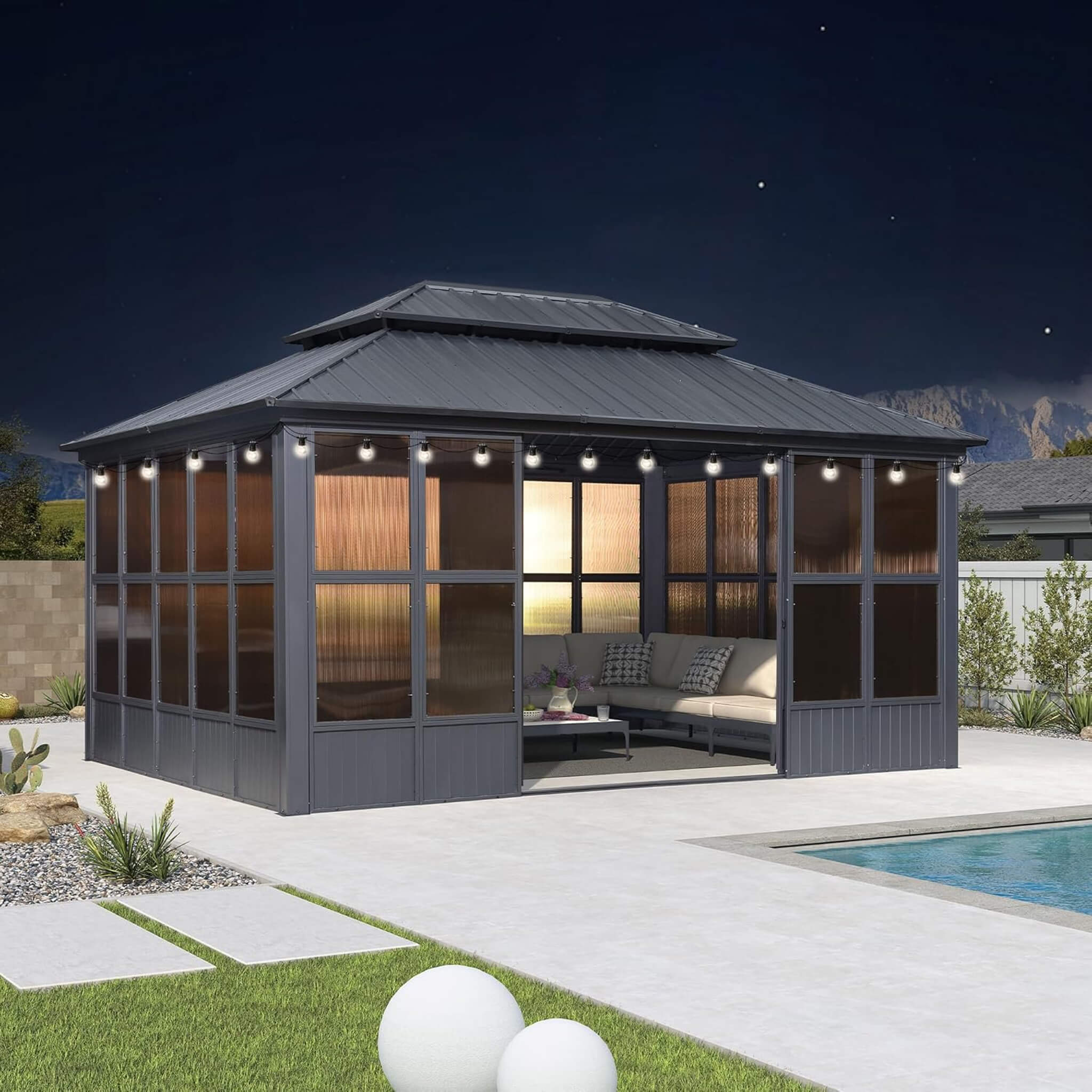 Alora Vista Outdoor Hardtop Aluminum Solarium with Double Roof and LED Lights
