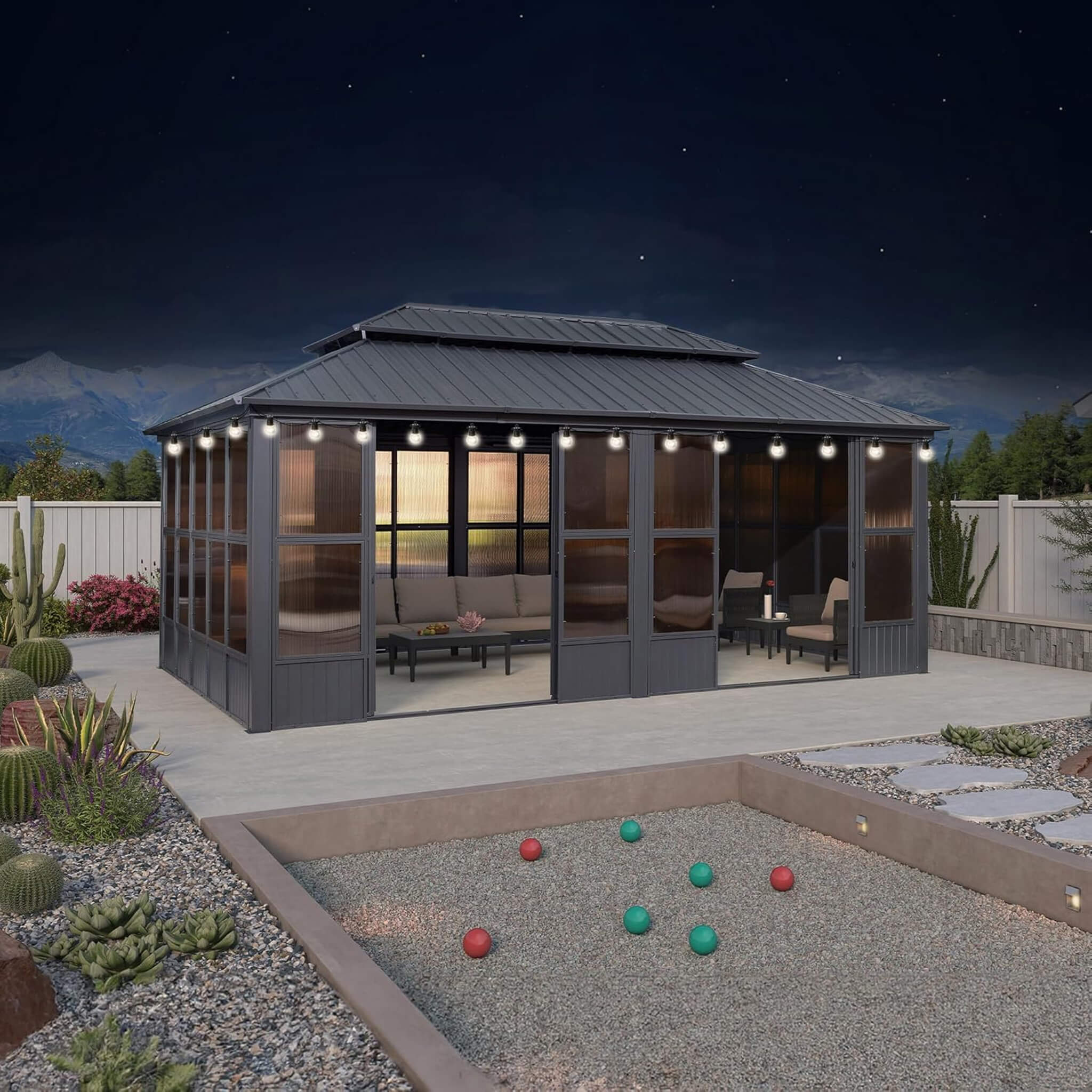 Alora Vista Outdoor Hardtop Aluminum Solarium with Double Roof and LED Lights