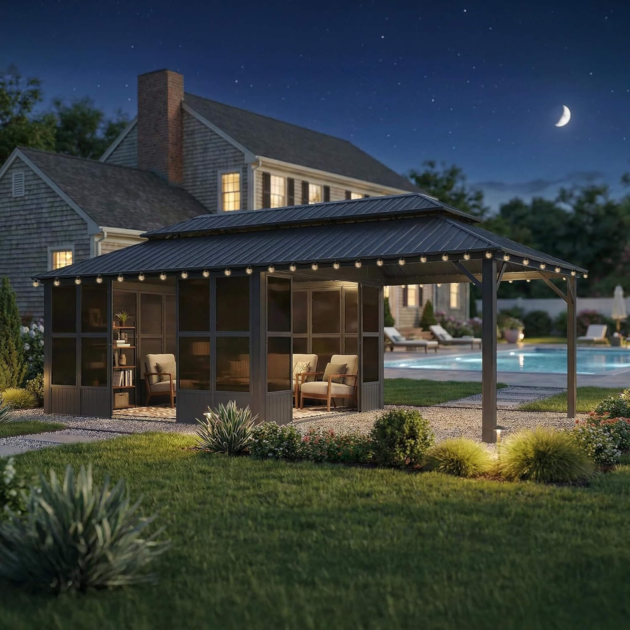 Alora Vista Outdoor Hardtop Aluminum Solarium with Double Roof and LED Lights