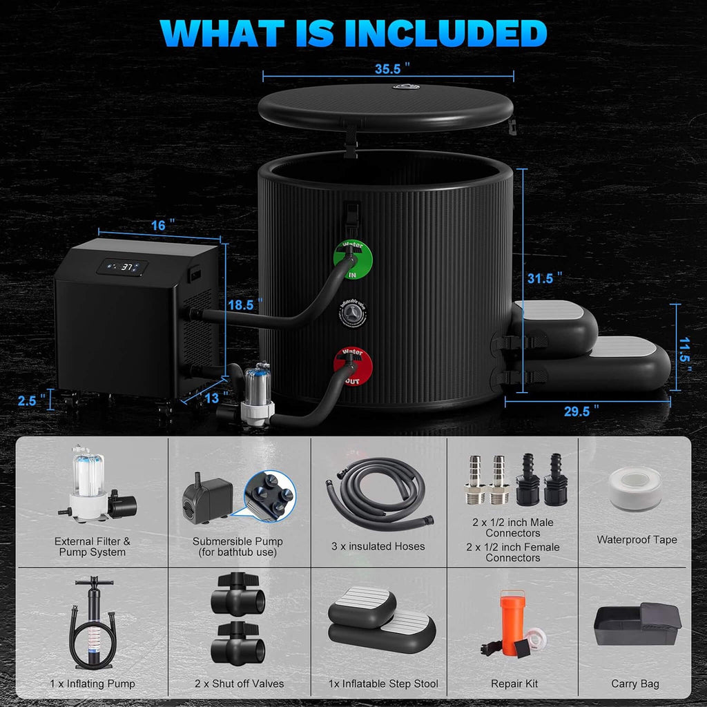 Premium XL 120 Gal Cold Plunge Tub Kit With 1HP Chiller, Filter, And Pump (SAK92632)