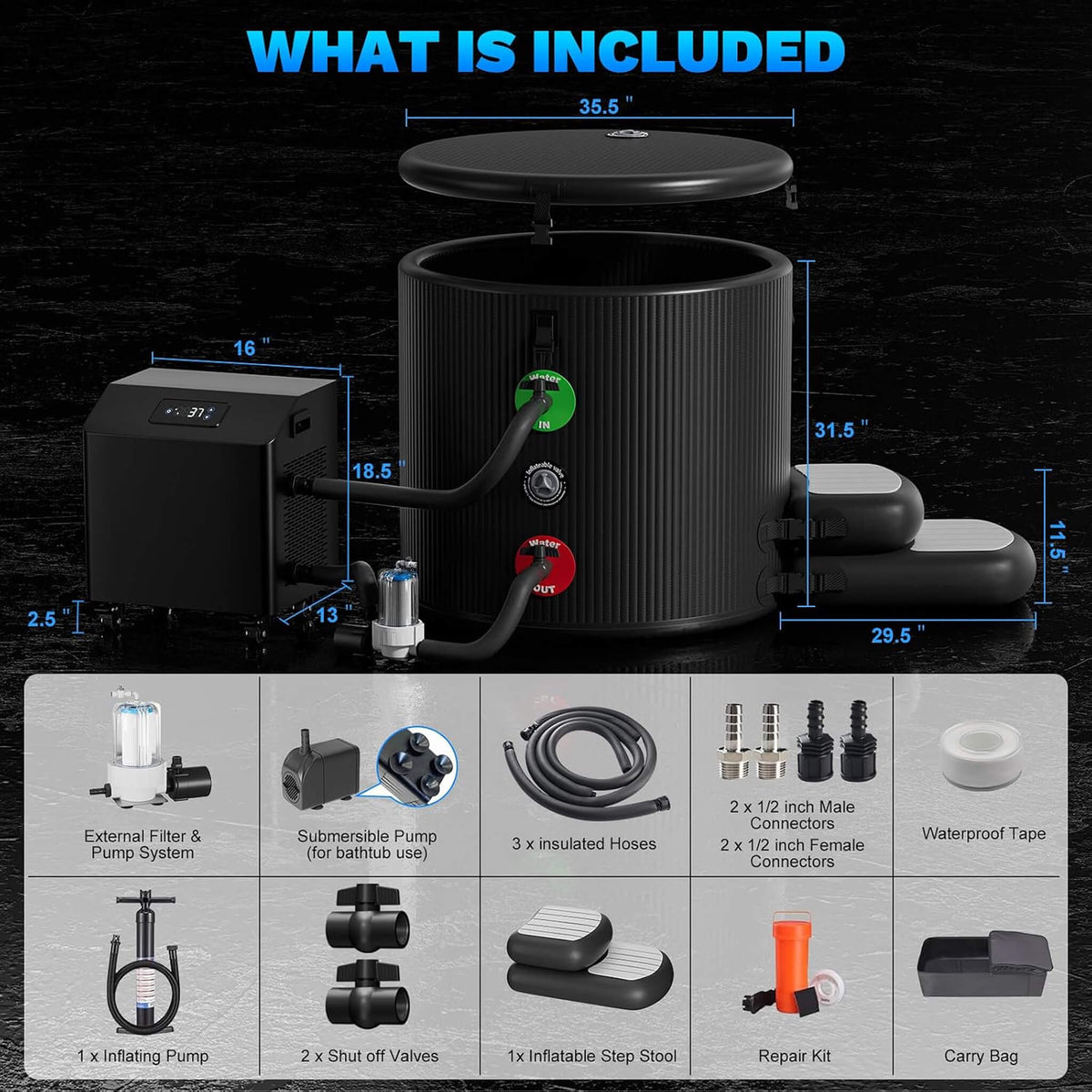 Premium XL 120 Gal Cold Plunge Tub Kit With 1HP Chiller, Filter, And Pump (SAK92632)